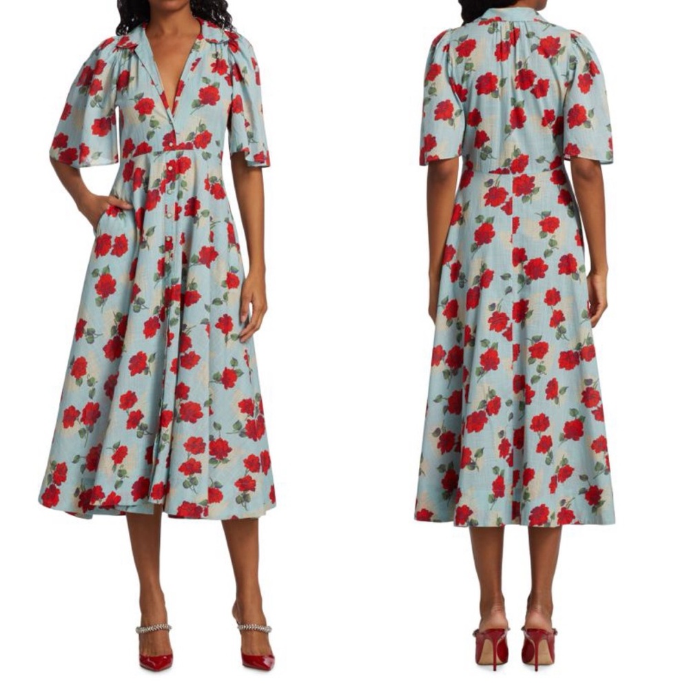 The Great Bridge Floral Midi Dress Blue Red Cotton Size 0 / XS - Picture 1 of 15